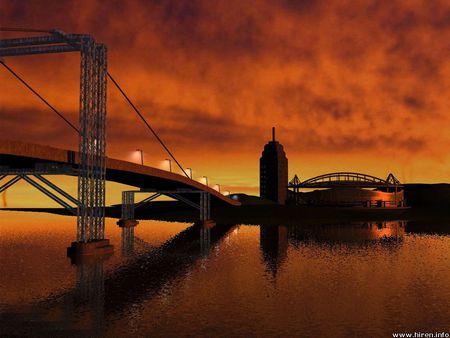 Bridge at sunset - waterway, orange sky, night, sunset, bridge