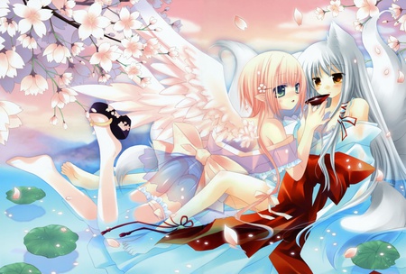 Angels Drink - anime, anime girl, anfel, female, water, cherry blossom, sakura, wing, hot, food, girl, flower, drink, cute, sexy