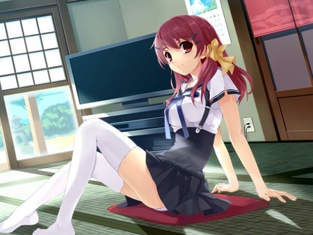 Asa - house, anime, anime girl, female, hot, girl, room, uniform, school uniform, sit, cute, sitting, sexy