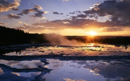 Sunset At The Great Fountain Geyser Yellow Stone National Park Wyoming - nature, amazing