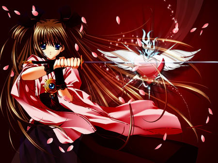 Red Sword - female, hot, heart, anime girl, blade, petal, ninja, anime, kimono, sword, cute, love, sexy, girl, warrior, samurai, wing, red, weapon