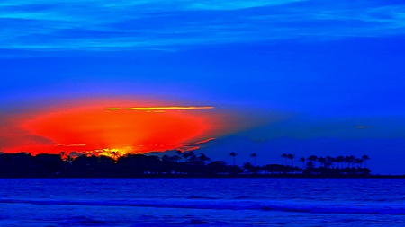 Ember In Blue - sky, ray, island, tree, ocean, mountain