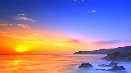 Its Here Again - ray, blue, sunrise, ocean, mountain, rocks, sky