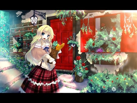 Happy Day - house, anime, anime girl, female, food, girl, flower, cute, building