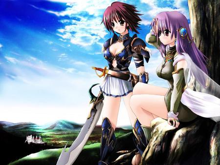 Horizon - anime, female, warrior, scenery, mountain, weapon, sky, hill, anime girl, hot, girl, sword, scenic, tree, knight, girls, blade, cloud, cute, sexy