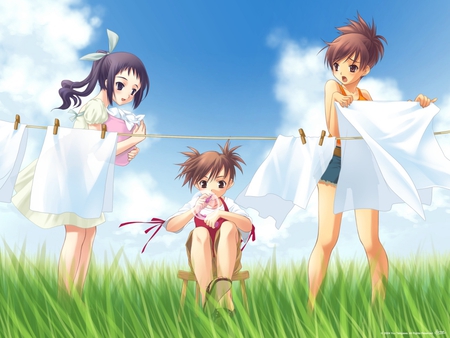 Laundry - girls, sky, female, girl, field, anime girl, cloth, cloud, anime, grass, cute, line