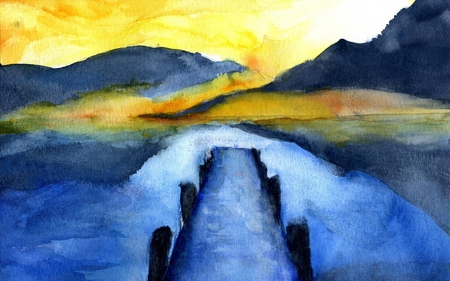 Dreamland - dreamland, calm, quiet, yellow, blue, landscape, light, dream, peace, calmness, gorgeous, zen, colored, lake, sky, sun, meditation, water, beautiful, colors, cool, dreams, drawing, tranquility, awesome, painting, fairy, serenity, peaceful, bridge