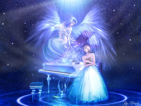 The Music Angel - girl, angel, female, light, music, anime girl, space, fantasy, star, abstract, wing, 3d, blue, anime, cute