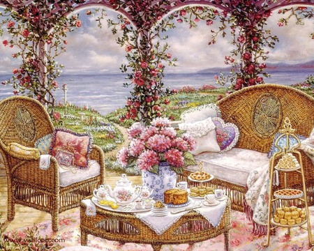 Garden Party - ocean, sky, lunch, kruskamp, tea, gazebo, cookies, wicker, painting, pastries, furniture, janet, food, patio, flowers