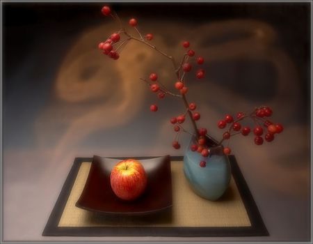 Japanese style - blue, red, plate, apple, vase