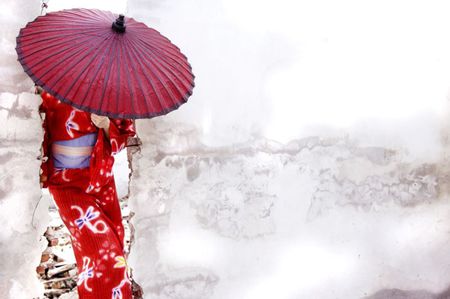 red umbrella - kimono, white, umbrella, red