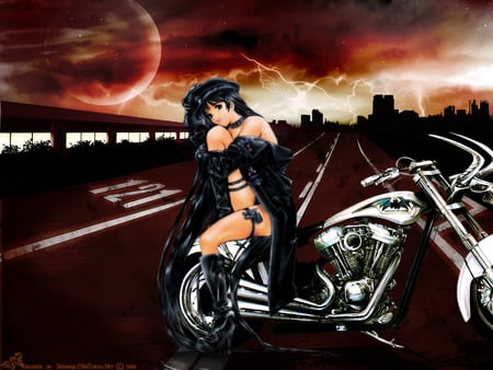 Stop - anime, female, night, thunder, dark, bike, highway, lighting, moon, motorcycle, anime girl, hot, girl, road, street, black, cute, sexy