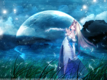 Shine with the Moon - moon, sky, sexy, hot, girl, female, night, water, anime girl, fantasy, star, abstract, 3d, anime, cute