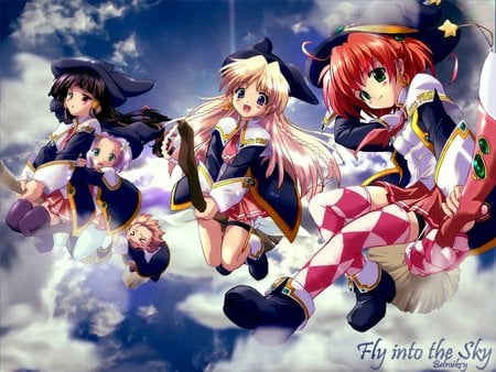 Fly into the Sky - anime, anime girl, female, hot, girl, girls, group, witch, cloud, cute, sexy, sky