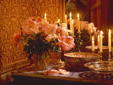 A beautiful corner - style, home, classy, candles, mirror, flowers, house, fire