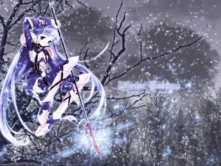 Winter Goddess - sexy, hot, girl, female, anime girl, black, forest, dark, spear, blue, snow, anime, weapon, tree, cute