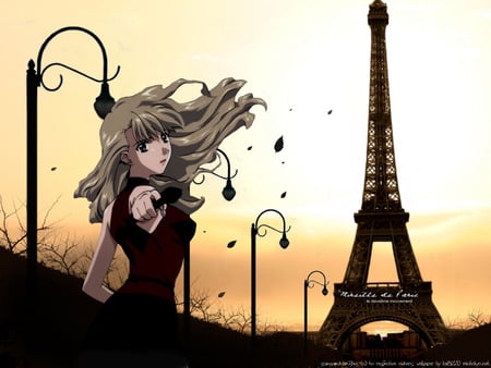 Noir Le Deuxieme Mouvement - anime, anime girl, female, gun, tower, hot, girl, night, eiffel tower, dark, black, paris, cute, weapon, sexy