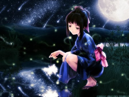 Spark's Night - star, anime, female, night, dark, space, comet, moon, anime girl, hot, girl, kimono, black, universe, shooting star, cute, sexy