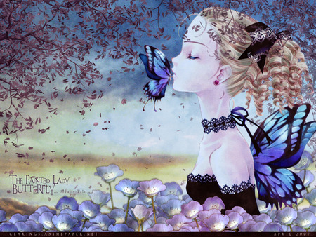 Painted Lady Butterfly - sexy, hot, girl, female, anime girl, fantasy, butterfly, kiss, wing, animal, anime, cute, flower