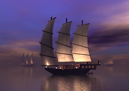 Twilight Harbour - sailing ships, calm seas, ships, purple skies, twilight, boats