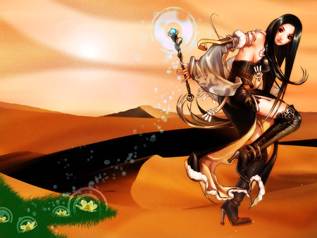 Desert Thief - wand, anime, anime girl, female, hot, girl, flower, sand, fantasy, cute, sexy