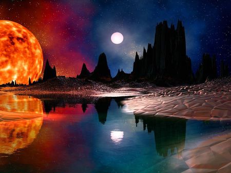 3D Color Planet - rockets, nice, sun, galaxies, mountains, fantasy, fire, moons, lakes, reflections, cool, reflected, rivers, mind teasers, color, planets, mounts, 3d and cg, night, space, cg, abstract, 3d, photoshop, beautiful