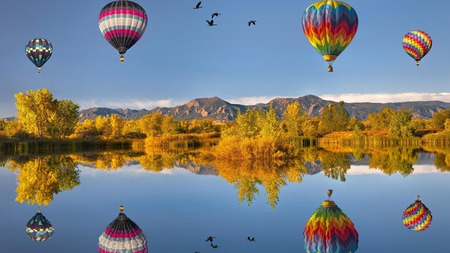 hot air balloons - hill, hot air balloons, trees, balloon, air, hot, flying, night, reflection, aircraft, colorful, nature, balloons, lake, lakes