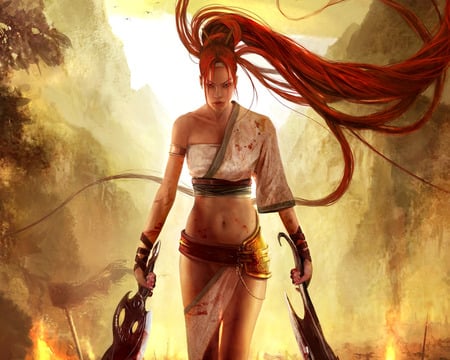 Attitude Incoming - fantasy, warrior, woman, beautiful, red, swords