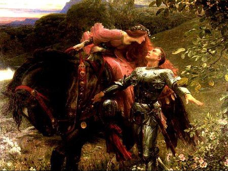 La Belle - la belle, forest, love, horse, red head, knight, painting, woman, mountains, art