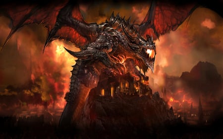 Once a Proud Fortress - fire, fortress, fantasy, destruction, dragon