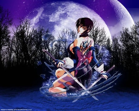 Magic Night - female, hot, water, anime girl, black, blade, dark, anime, ninja, sword, tree, cute, moon, sexy, girl, night, forest, weapon