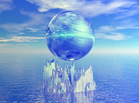 Dreamy World - abstract, blue, landscape, ocean, cg, fantasy, icey, blue water, iceburgs, sphere, 3d, blue skies