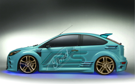 Ford Focus RS 2009 Blinged And Neoned, - gold wheels, ford focus rs 2009 blinged and neoned, cool, low profile, hot, blue