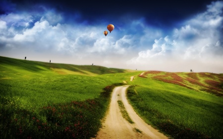 Old Dirty Road - photography, wds, old dirty road, ballon, widescreen, air ballon, hot air balloon