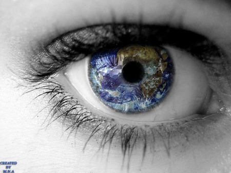 'Open your eyes', to what is going on...in 'Our World' - blue, eye, earth, land, art, plastic art, technique, graphic, photoshop, graphic design, ground, blue eye, nature, world, picture, world eye, wallpaper