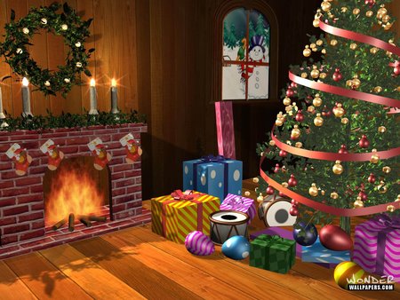 Christmas - trees, presents, pine tree, fireplace, christmas