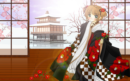 Lovely Sakura - building, girl, female, anime girl, cherry blossom, japan, sakura, anime, card captor sakura, house, kimono, temple, cute, flower