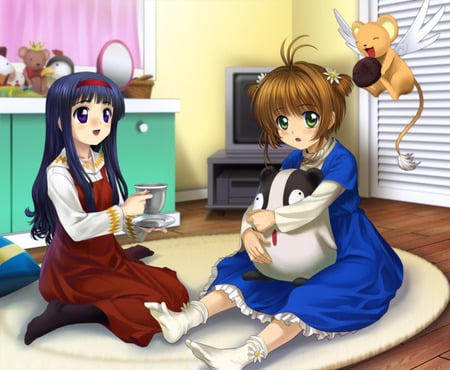 Tea Time - house, anime, anime girl, female, sakura, food, girl, room, tomoyo, drink, girls, kero, cute, card captor sakura