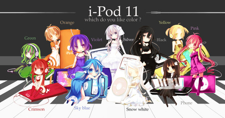 i-Pod 11 - girls, cute, ipod, white, pink hair, pink eyes, instrument, headphones, black eyes, brown hair, anime, dress, long hair, brown eyes, sexy, black hair, chibi