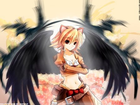 Castle in the Sky - black, anime, wing, girl, cat