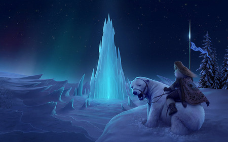 At the Heart of Winter - bear, ice, fantasy, winter, warrior, snow, spear, castle