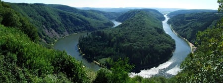 Saarschleife_Panorama Dual Monitor - panorama, river, sun, stream, water, saarschleife, scene