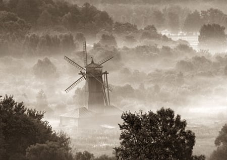 Windmill - trees, nature, fog, landscape, black and white, mountians, windmill