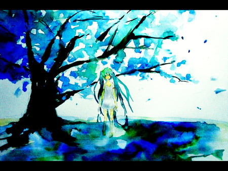 Hatsune Miku - hatsune miku, girl, twintails, blue eyes, long hair, painting, blue hair, vocaloid, anime, tree, cute