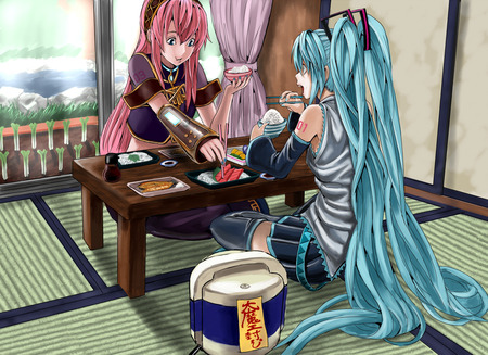 Miku & Luka - anime, vocaloid, skirt, food, grass, hatsune miku, long hair, girls, thighhigh, blue hair, megurine luka, cute, pink hair, sky, blue eyes