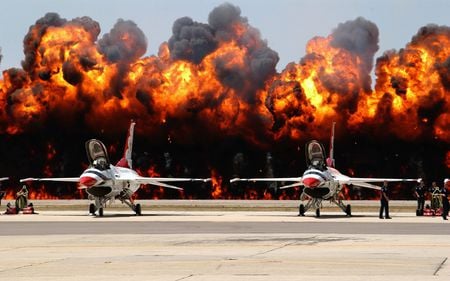 Big Fire Behind F16s - f16s, fire