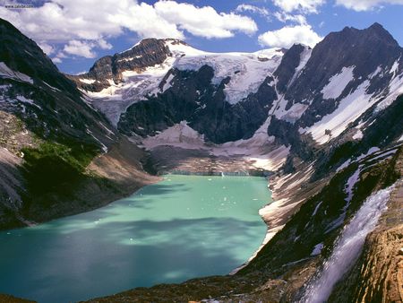 Lake of the Hanging glaciers British Columbia - winter, snow, lake, paradise, mountains, cool, sky