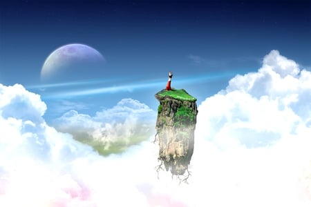 Lighthouse Sky - fantastic, majesty, blue, amazing, gourgeous, earth, night, fabulous, nice, art, sky, clouds, moon, paint, lighthouse, beautiful, beauty, colors, cool, islands, avatar, fantasy, white, incredible, awesome, green, painting, balloons, spectacular