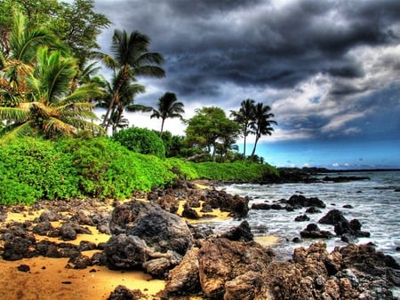 HDR Maui - brown, hawaii, hdr, plants, coral reeefs, paradise, nice, sunrises, moss, colors, stones, customized, gray, green, yellow, coast, blue, amazing, sunsets, wawes, clouds, storm, palms, maui, water, beautiful, photography, beaches, sea, cool, orange, awesome, azul, rocks