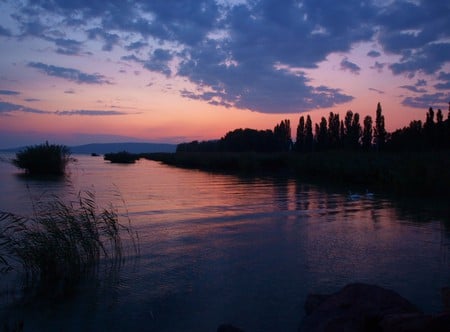 Balkans Sunset - reflections, scenery, blue, rivers, romantic, amazing, night, sunsets, forests, purple, mirror, red, nice, sky, clouds, sunrises, trees, water, beautiful, photography, reflected, paysage, cool, afternoon, black, awesome, lakes, seascape